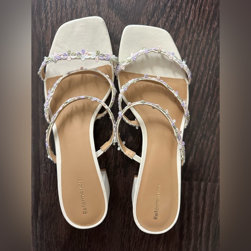 Reformation Cream Sandals with Pastel Floral Details